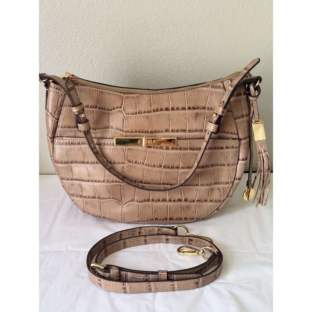 G.I.L.I. Roma 2 Genuine Croc Embossed Leather Hobo Bag Taupe A302709 EUC
